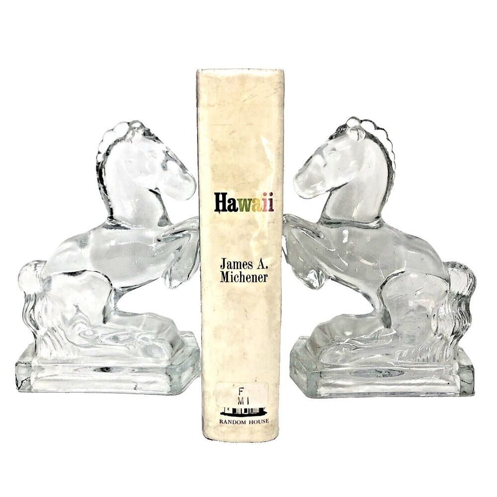 LE Smith Glass Horse Bookends Clear Equestrian Vintage MCM 8" tall Set of 2